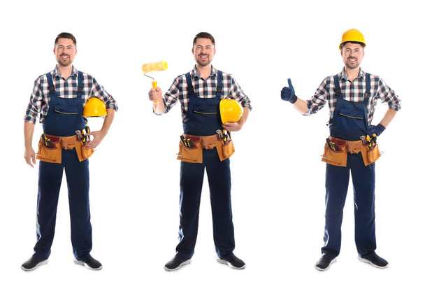 Collage of construction worker in uniform with different tools on white background - Φωτογραφία, εικόνα
