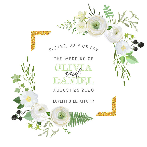 Botanical Wedding Invitation, vintage Save the Date, floral invite, thank you, rsvp rustic card design with gold foil decoration. Vector elegant modern template, trendy cover, graphic poster, design - Vector, Image