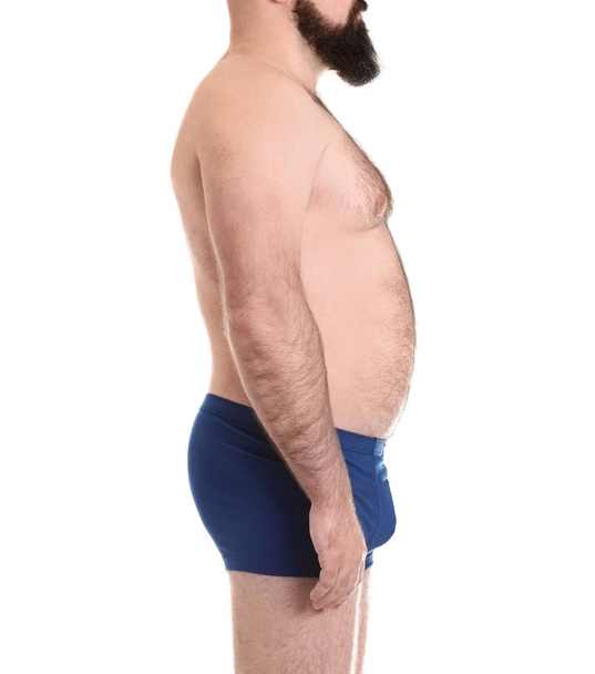 Overweight man isolated on white, closeup. Weight loss - Фото, зображення
