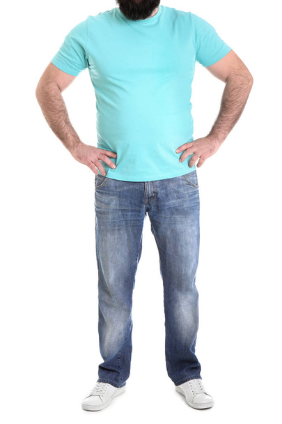 Overweight man isolated on white, closeup. Weight loss - Zdjęcie, obraz