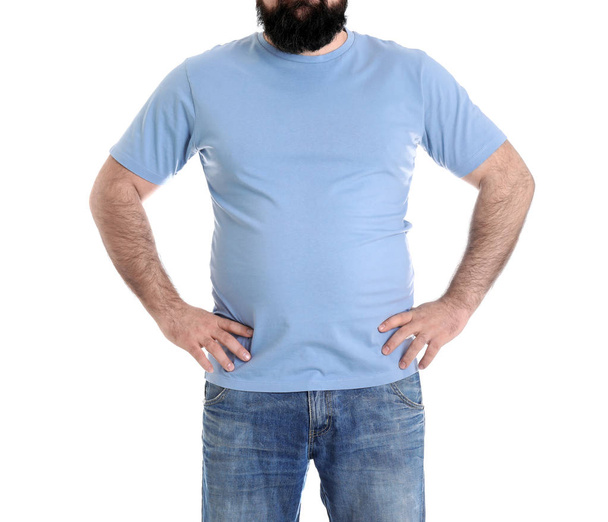Overweight man isolated on white, closeup. Weight loss - Foto, imagen