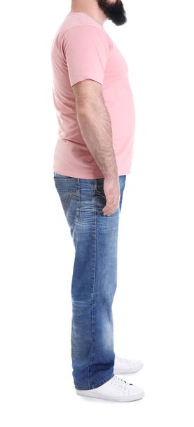 Overweight man isolated on white, closeup. Weight loss - Fotografie, Obrázek