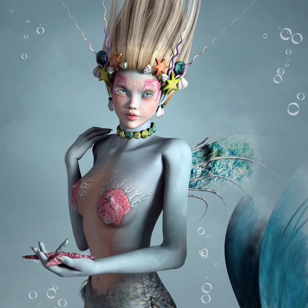 貝殻とヒトデを持つファンタジー人魚の肖像、3Dイラスト - 写真・画像