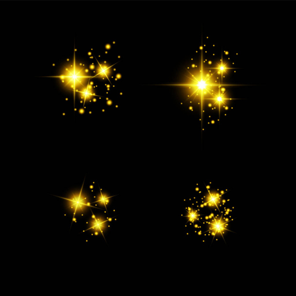 Pöly on keltaista. keltainen kipinöitä ja kultaiset tähdet loistaa erityistä valoa. Vektori kimaltelee läpinäkyvällä taustalla. Jouluvaloefekti. Kuohuviini maaginen pöly hiukkasia - Vektori, kuva