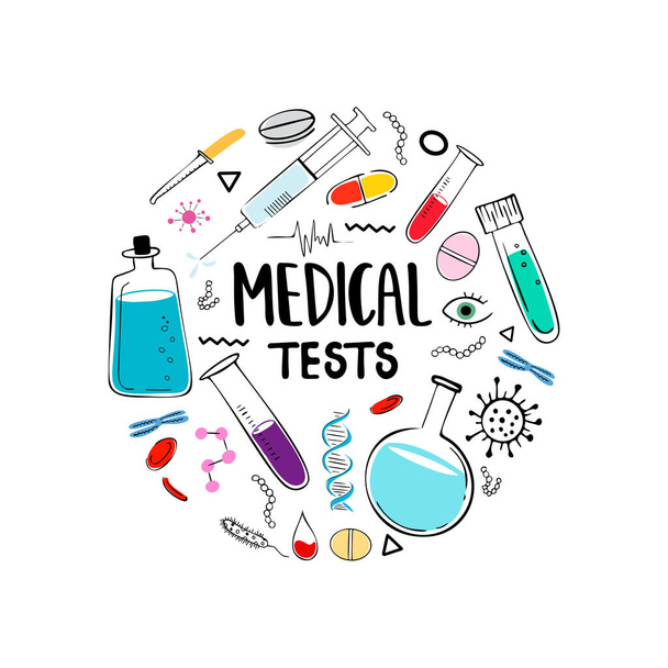 Medical tests, blood test, DNA test, test equipment, test tubes and flasks. Medicine and healthcare concept, medicinal treatment, for graphic and web design - Vector, Image