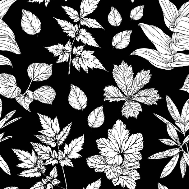 Seamless pattern with branches and leaves, hand drawn design elements. Black and white - Vector, Imagen