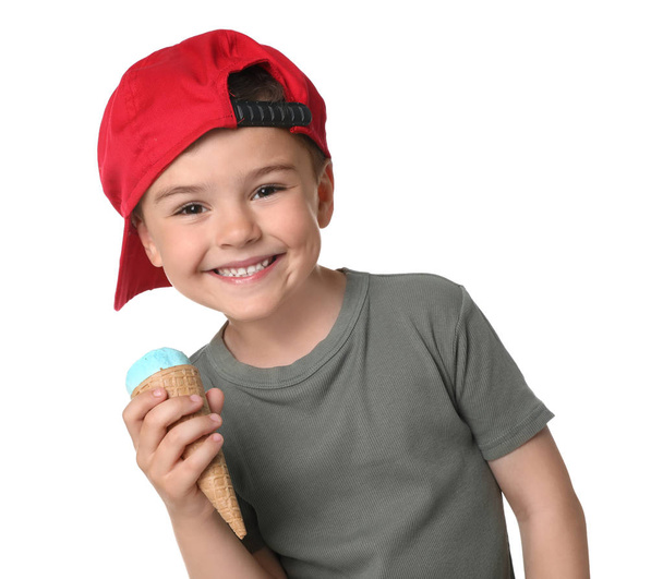 Adorable little boy with delicious ice cream on white background - Foto, imagen