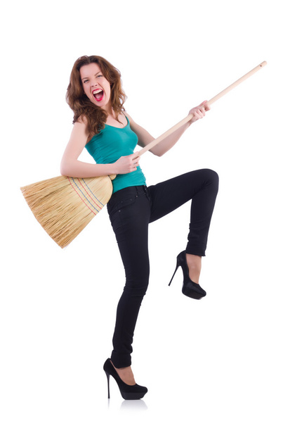 Young woman with broom isolated on white - Fotoğraf, Görsel