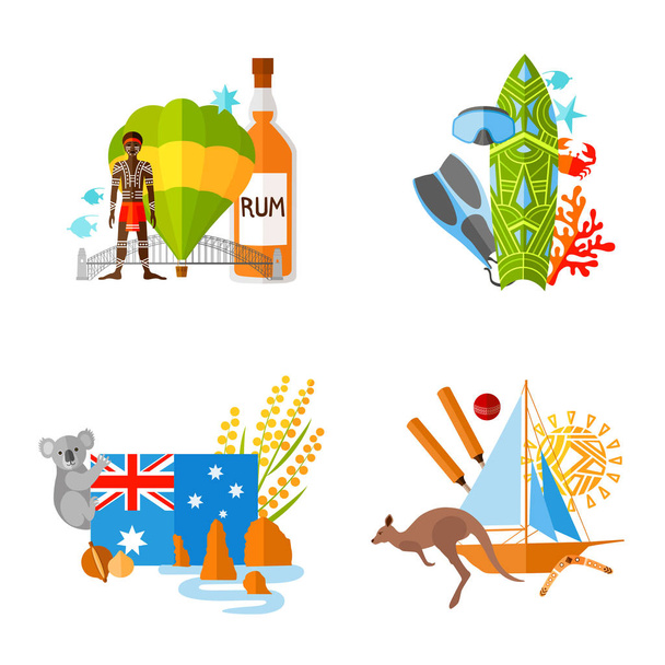 Colección de composiciones sobre un tema turístico. Viajar a Australia. Los personajes y atributos más populares del país
. - Vector, imagen