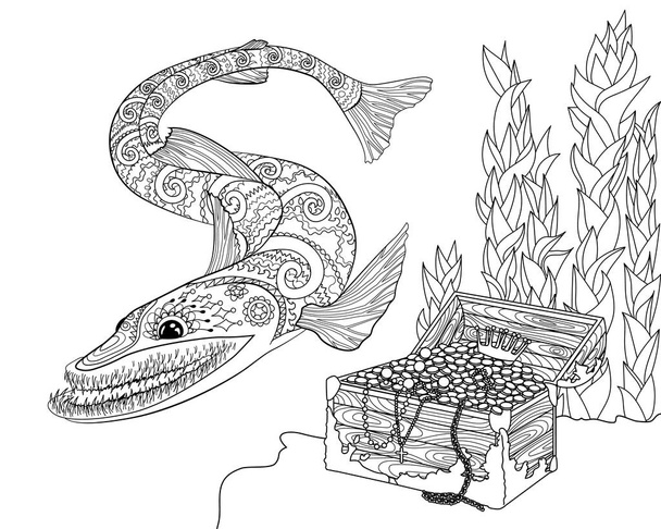 Coloring page with creepy fish with high details - Vector, Image