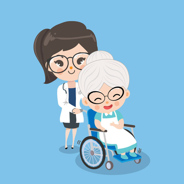 Κορίτσι γιατρός φροντίζει για την ηλικιωμένη γυναίκα ασθενείς με αναπηρικό καροτσάκι - Διάνυσμα, εικόνα