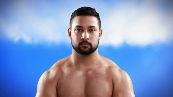 Digital animation of a Caucasian bodybuilder lifting weights on a fake cloudy sky background - Video