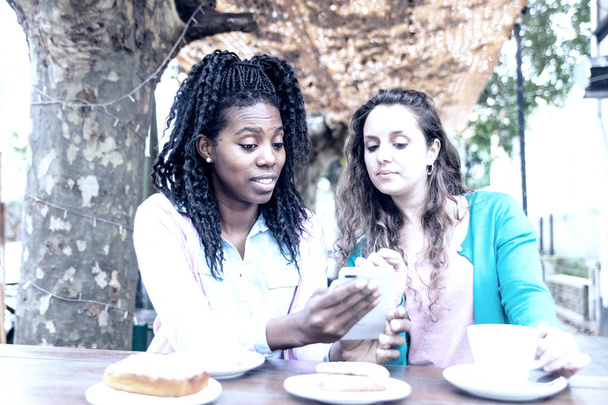 Τα κορίτσια παρακολουθούν κοινωνικά από το κινητό και πίνουν καφέ - Φωτογραφία, εικόνα