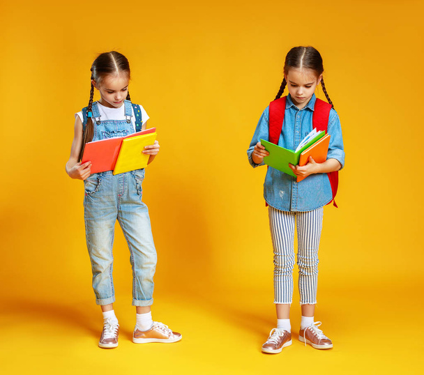 két vicces gyermek iskolás lány a sárga háttér     - Fotó, kép