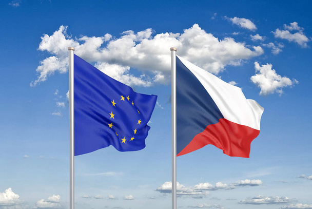 欧州連合 vs チェコ.欧州連合とチェコ共和国の厚い色の絹のような旗。空の背景に3Dイラスト。- イラストレーション - 写真・画像