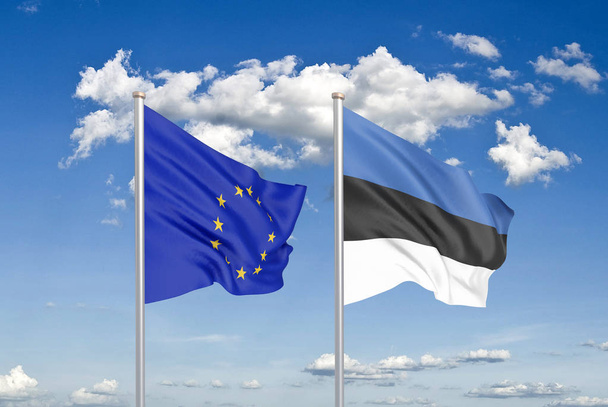 Ευρωπαϊκή Ένωση vs Εσθονία. Πυκνές έγχρωμες μεταξένια σημαίες της Ευρωπαϊκής Ένωσης και της Εσθονίας. 3D εικονογράφηση σε φόντο ουρανού. -Εικονογράφηση - Φωτογραφία, εικόνα