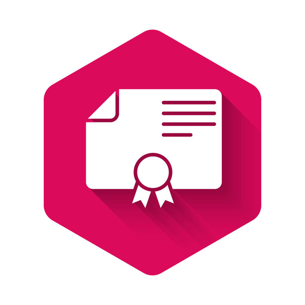 White Certificate template icon isolated with long shadow. Achievement, award, degree, grant, diploma concepts. Business success certificate. Pink hexagon button. Vector Illustration - ベクター画像