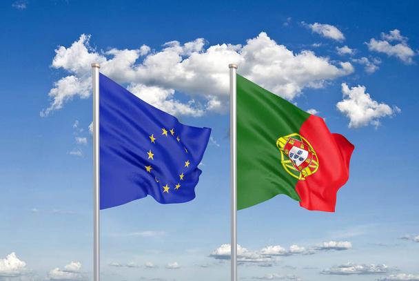 欧州連合 vs ポルトガル.欧州連合とポルトガルの厚い色の絹のような旗。空の背景に3Dイラスト。- イラストレーション - 写真・画像