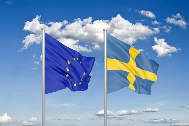 Europäische Union gegen Schweden. dicke farbige seidene Flaggen der Europäischen Union und Schwedens. 3D Illustration auf Himmelshintergrund. - Abbildung - Foto, Bild