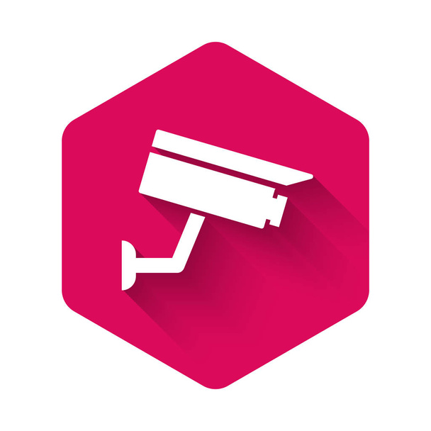 Wit beveiligingscamera icoon geïsoleerd met lange schaduw. Roze zeshoek knop. Vector Illustratie - Vector, afbeelding