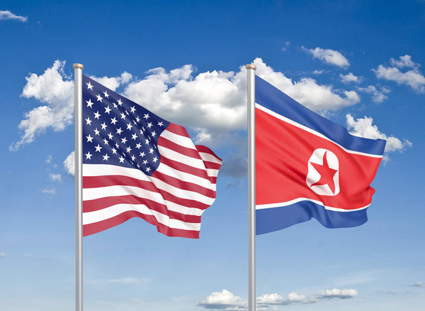 Ηνωμένες Πολιτείες Αμερικής εναντίον Βόρειας Κορέας. Χοντρές χρωματιστές μεταξένιες σημαίες της Αμερικής και της Βόρειας Κορέας. 3D απεικόνιση στο φόντο του ουρανού. - Εικονογράφηση - Φωτογραφία, εικόνα