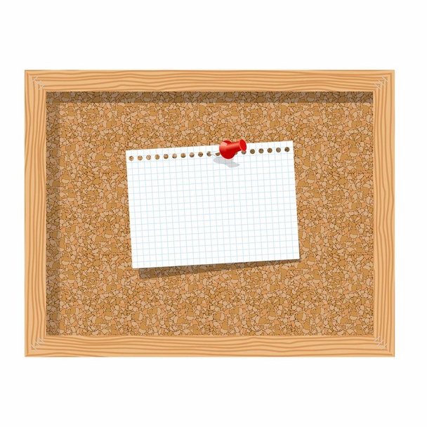 ピン留めされた紙のメモ帳シートが付いているコルク板現実的なベクトルのイラスト。ノート用のベクトルイラストボード。いくつかのピンと白紙でコルクで作られたノートボード - ベクター画像