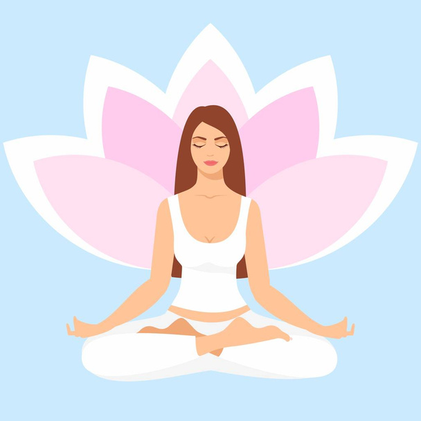 junge Frau in Yoga-Lotus-Pose. meditierende Mädchenillustration. Yoga-Frau, Meditation, Anti-Stress-Menschen  - Vektor, Bild