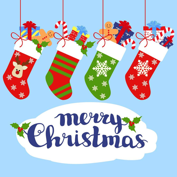 Χριστουγεννιάτικες κάλτσες με δώρα και γράμματα-καλά Χριστούγεννα. - Διάνυσμα, εικόνα