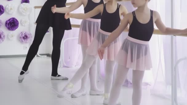 Маленькие девочки проводят урок классического балета, изучая движения ног с учителем в художественной студии
. - Кадры, видео