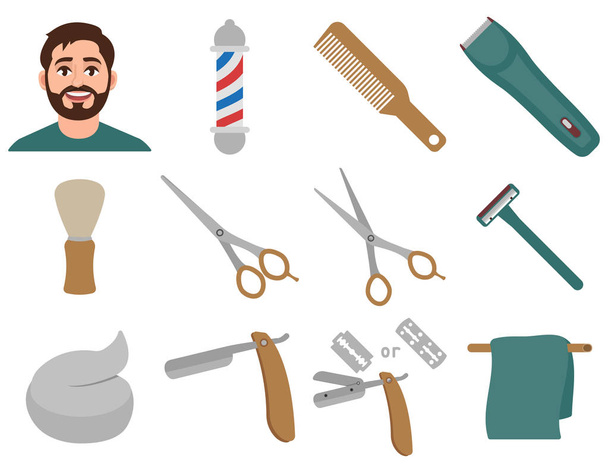 Friseursalon Set von Symbolen im Cartoon-Stil, Haarschnitt und Rasur, Haarspange, Friseurstange, Haarschneidemaschine, etc. Vektorillustration - Vektor, Bild