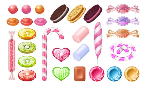 Конфеты и леденцы. Мятные конфеты и печенье из сладкого желейного шоколада. Векторный реалистичный набор десертов из мармеладных ирисок
 - Вектор,изображение