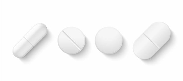 Реалістичні білі таблетки. 3D-препарати - ліки - капсули та вітаміни, таблетки для охорони здоров'я. Векторні різні ізольовані ліки
 - Вектор, зображення