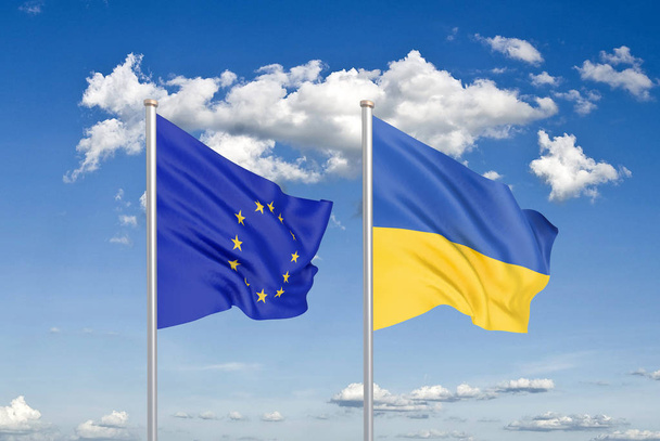 Europäische Union gegen Ukraine. dicke farbige seidene Flaggen der Europäischen Union und der Ukraine. 3D Illustration auf Himmelshintergrund. - Abbildung - Foto, Bild