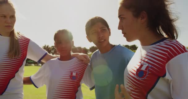 Front view of Caucasian female soccer player encouraging diverse female soccer team while standing arm to arm on soccer field on sunny day. 4k - Filmati, video