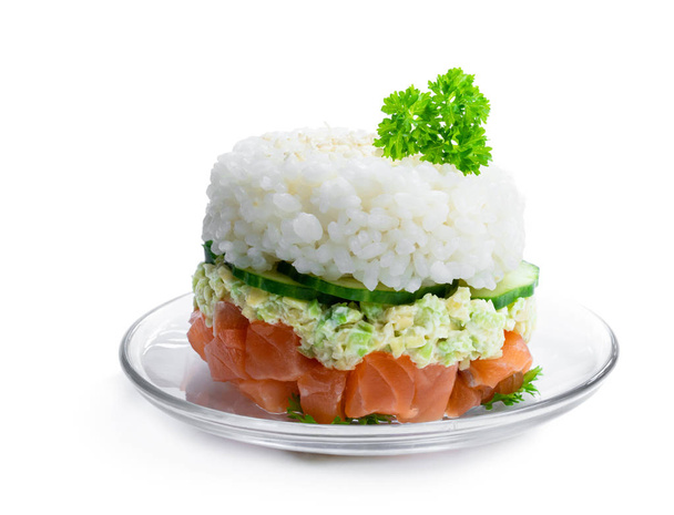 Salmon tartare with avocado and rice isolated on white  - Fotoğraf, Görsel