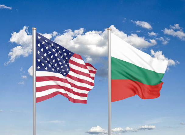 Ηνωμένες Πολιτείες Αμερικής εναντίον Βουλγαρίας. Χοντρές χρωματιστές μεταξένιες σημαίες της Αμερικής και της Βουλγαρίας. 3D απεικόνιση στο φόντο του ουρανού. - Εικονογράφηση - Φωτογραφία, εικόνα