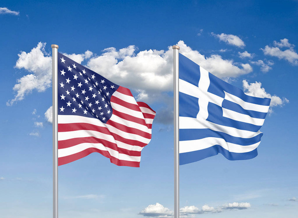 Spojené státy americké versus Řecko. Silné barevné hedvábné vlajky Ameriky a Řecka. 3D ilustrace na pozadí oblohy. - Ilustrace - Fotografie, Obrázek