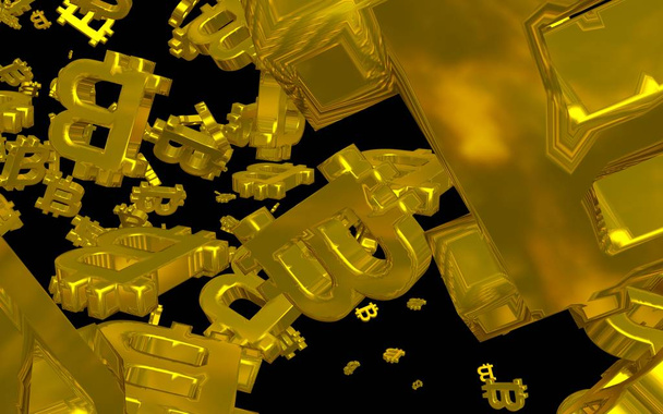 Digitaalinen valuuttasymboli Bitcoin tummalla taustalla. Bitcoinin tuho. kryptovaluuttakaavio virtuaalisella näytöllä. Liiketoiminnan, rahoituksen ja teknologian käsite. 3D-kuva - Valokuva, kuva