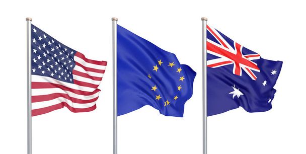 Drie gekleurde zijdeachtige vlaggen in de wind: USA (Verenigde Staten van Amerika), EU (Europese Unie) en Australië geïsoleerd op wit. 3D-illustratie. - Foto, afbeelding