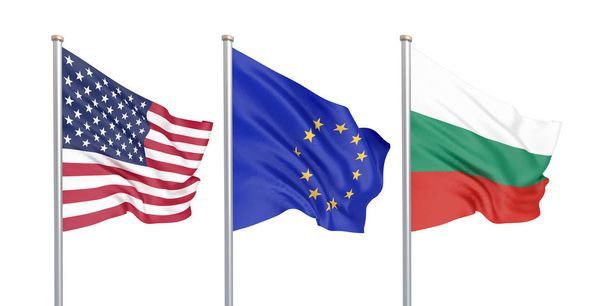 Trois drapeaux soyeux colorés dans le vent : États-Unis (États-Unis d'Amérique), UE (Union européenne) et Bulgarie isolés sur blanc. Illustration 3D
. - Photo, image