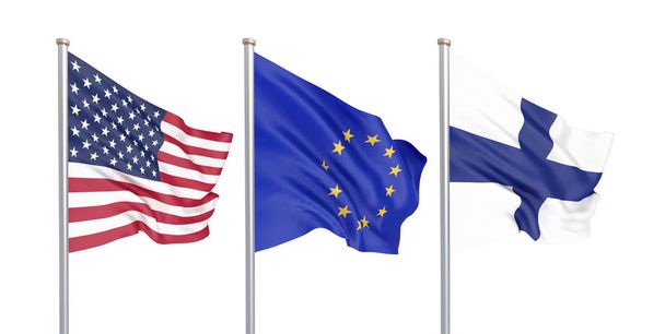 Tres banderas sedosas de colores en el viento: EE.UU. (Estados Unidos de América), UE (Unión Europea) y Finlandia aisladas en blanco. Ilustración 3D
. - Foto, imagen