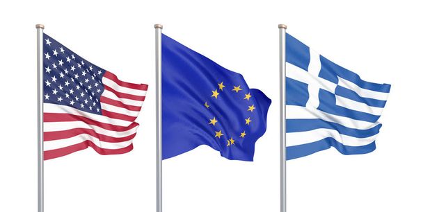 Three colored silky flags in the wind: USA (United States of America), EU (European Union) and Greece isolated on white. 3D illustration. - Photo, Image