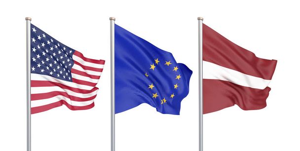 Tre bandiere colorate di seta al vento: USA (Stati Uniti d'America), UE (Unione Europea) e Lettonia isolate sul bianco. Illustrazione 3D
. - Foto, immagini
