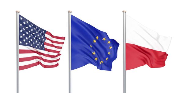 Tre bandiere colorate di seta al vento: USA (Stati Uniti d'America), UE (Unione Europea) e Polonia isolate sul bianco. Illustrazione 3D
. - Foto, immagini