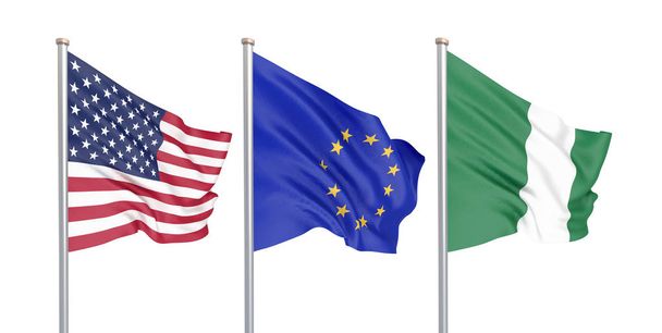 Három színes selymes zászló a szél: USA (Amerikai Egyesült Államok), az EU (Európai Unió) és Nigéria elszigetelt fehér. 3D-illusztráció. - Fotó, kép