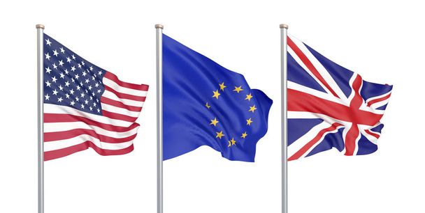 Three colored silky flags in the wind: USA (United States of America), EU (European Union) and United Kingdom isolated on white. 3D illustration. - Фото, зображення