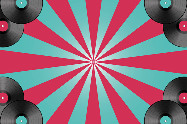 Cartaz de disco de vinil com raios vermelho-turquesa e discos de vinil
 - Foto, Imagem