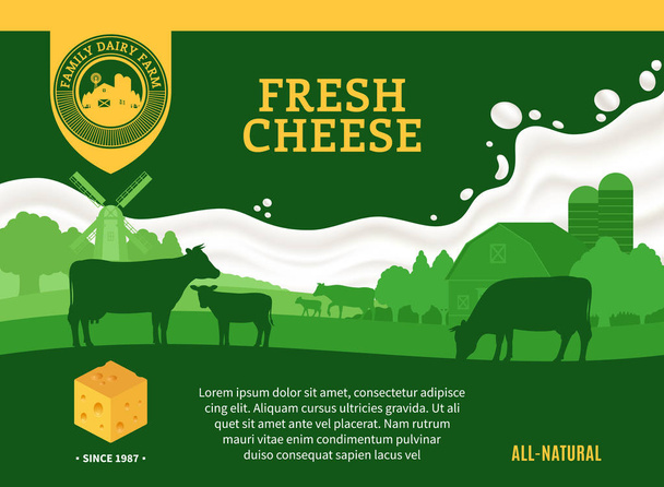 Illustrazione del formaggio con mucche, vitelli, azienda e spruzzi di latte
 - Vettoriali, immagini