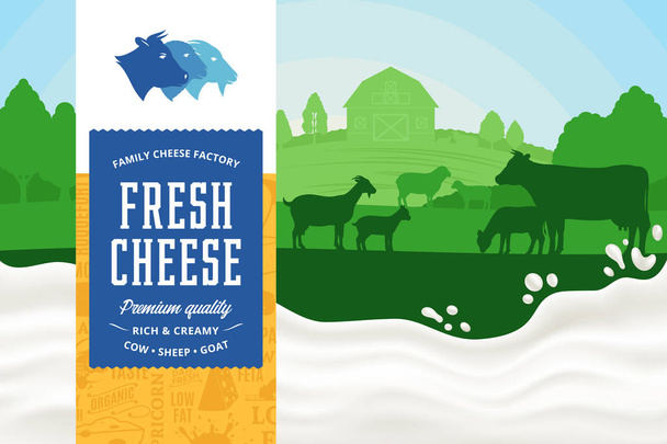 Ilustración de queso con salpicaduras de vaca, oveja, cabra y leche
 - Vector, Imagen