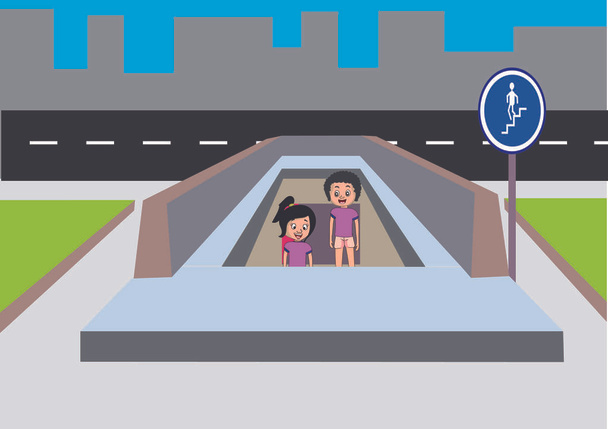 Tunel ilustracji wektorowych, dzieci przekraczających dolnego przejścia - Wektor, obraz